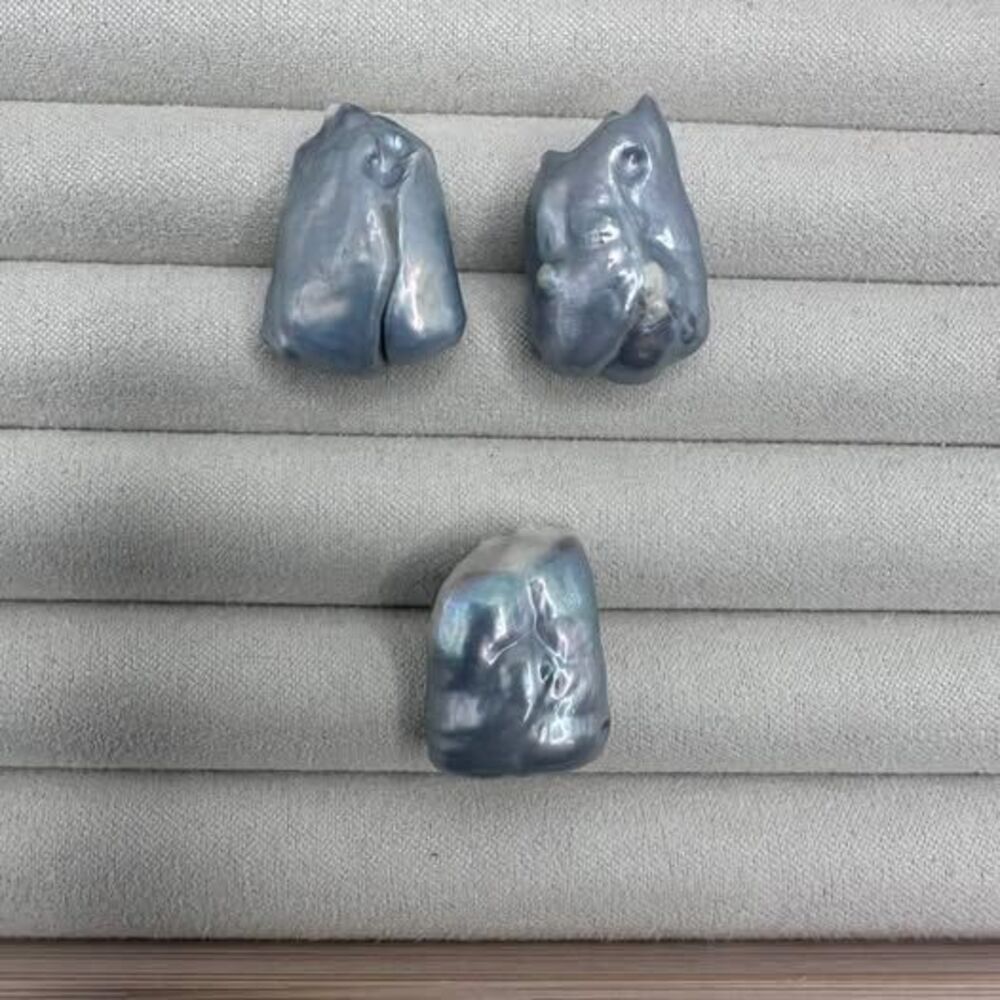 3 Large Gray Keshi Pearls – Thick Baroque Pearl Set for DIY Jewelry